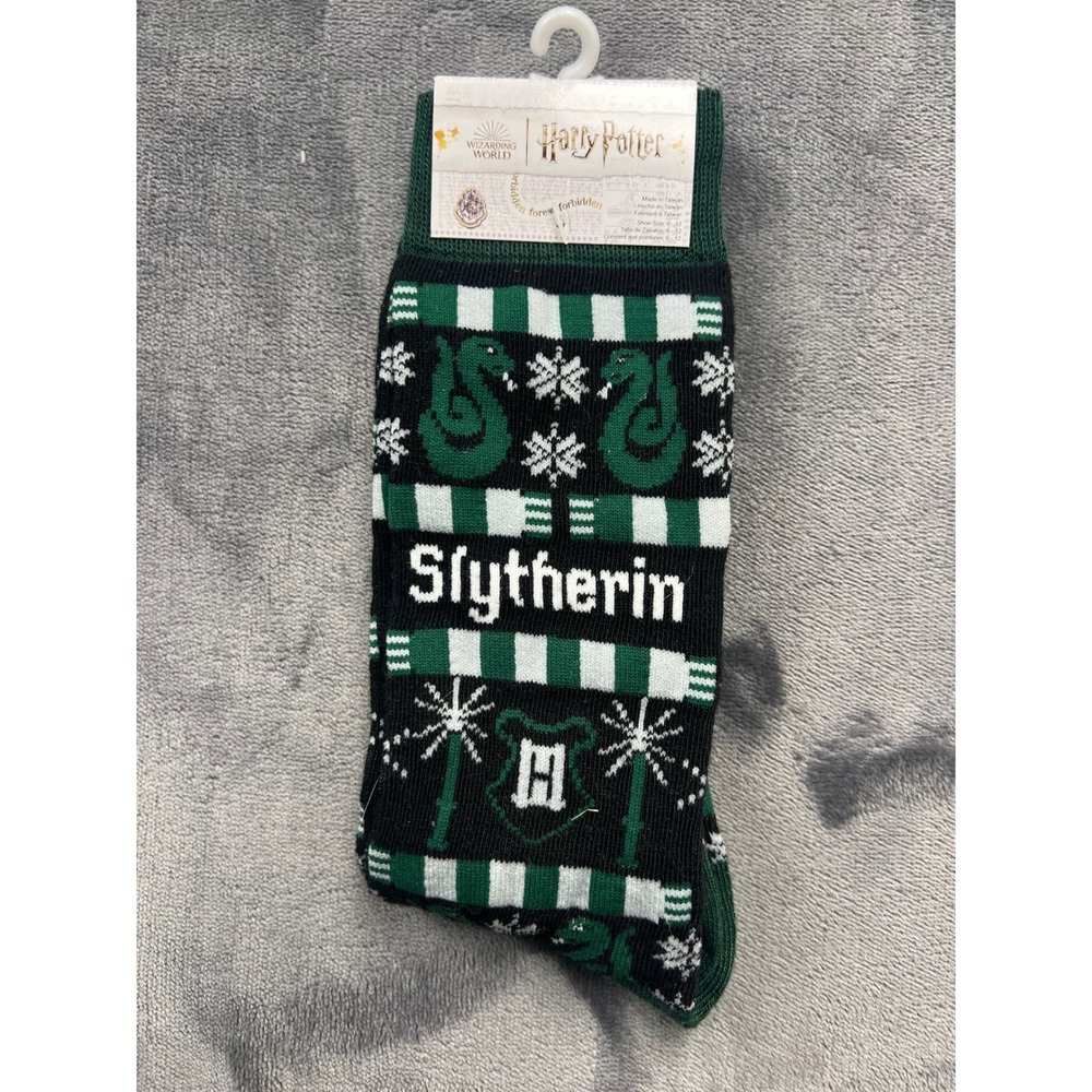 Harry Potter Slytherin Crew Socks Unisex Size 6-12 Green Black Fair Isle Novelty